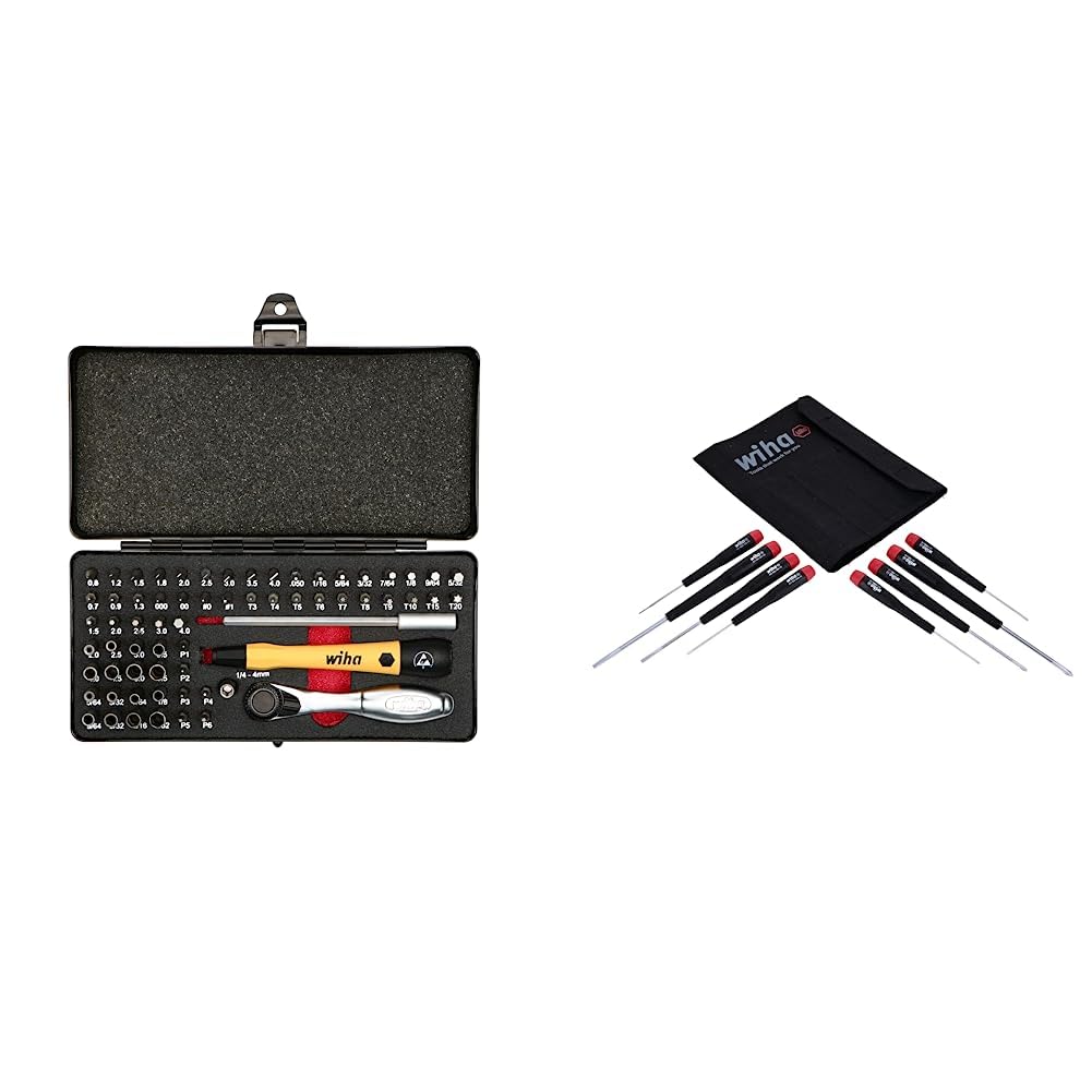 Wiha 75965 65 Piece System 4 ESD Safe Master Technician Ratchet and MicroBits Set & 26199 Slotted and Phillips Screwdriver Set in Rugged Canvas Pouch, 8 Piece