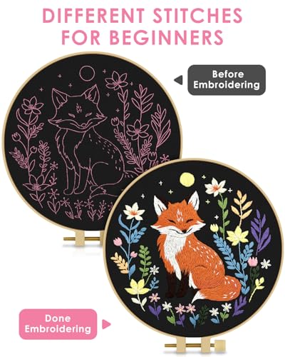 Image of TINDTOP Embroidery Kit for Beginners Adult, Fox Embroidery Kit | Include Embroidery Cloth Hoops Threads for Craft Lover Hand Stitch with Embroidery Skill Techniques