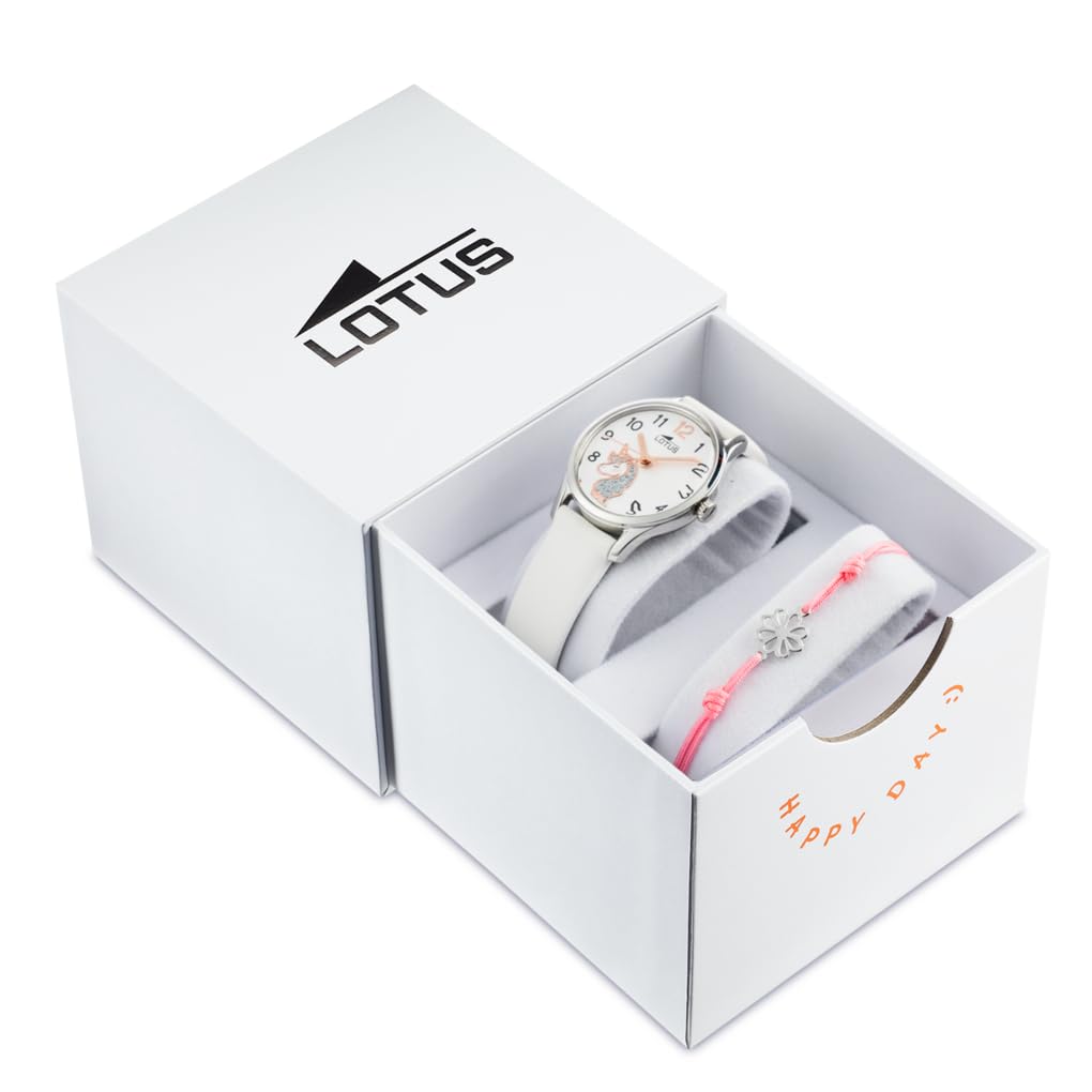 LOTUS Reloj Niña Analógico de Acero Inoxidable y Cuero Blanco | Movimiento de Cuarzo, Reloj Infantil, Cristal de Alta Resistencia, Resistente al Agua 5 ATM, 18406/K, Junior Collection