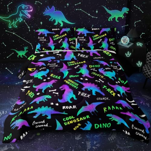 Image of QOOMO Jurassic Dinosaur Comforter Queen Size, Black Cartoon Animals Kids Bedding Set, Suitability Girs and Boys Black Decorate a Room 1 Comforter Set 2 Pillowcases