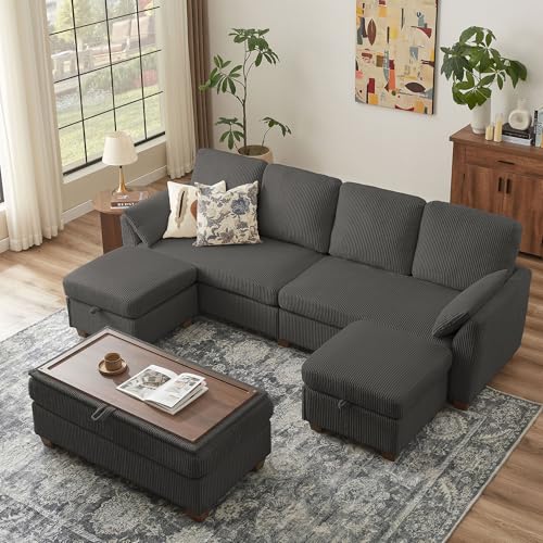 Image of Convertible Sectional Sofa with Storage Ottomans & Long Bench /Coffee Table, Modern Corduroy, U-Shaped Couch with Double Chaise, 4 Seat Sofa Set Couches for Living Room, Apartment, Dark Grey