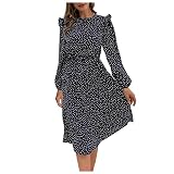 QI_LIANG Soirée Fille Retro Automne Scolaire Mousseline Soirée À Jabot Decollete Loose Taille Empir Soiree Femme Fleurs A Manches Longues Comfy Marine