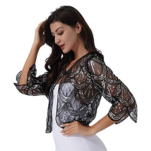 Womens Long Sleeve Sequin Lace Shrug Scallop Hem Open Front Bolero Cardigan for Evening Dress3