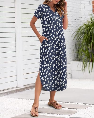 Image of MISFAY Women's Summer Maxi Dress 2026 Casual Short Sleeves V Neck Loose Sundress Split Long Beach T Shirt Dress
