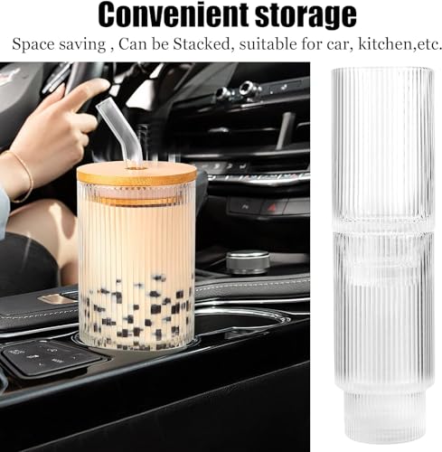 Image of KELVEE Glass Coffee Mug with Straw and Bamboo Lid Pack of 1, Ribbed Drinking Cup Travel Mugs for Water, Juice, Milk, Smoothie Sipper Bottle for Adults (Ribbed)