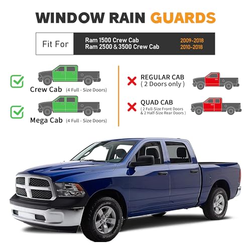 Image of Shatterproof Taped-On Window Deflectors for Dodge RAM 2009-2018 Crew Cab 1500 2500 3500, Rain Guards, Window Visors for Cars, 4pcs