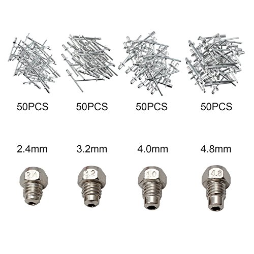 Justech 10-inch Heavy Duty Hand Rivet Gun Set with 200PCs Rivets 4 Nosepieces 2.4mm 3.2mm 4.0mm 4.8mm, Single Hand Manual Rivet Tool