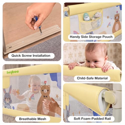 Image of BAYBEE Baby Bed Rail Guard (180x80cm) | Bed Railing for Baby Safety with 28 Height Adjustable Bedside Protector for Babies Falling | Foldable Bed Safety Guard for Kids (1 Side, (Beige)
