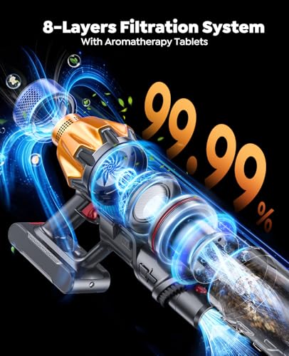 Fieety Cordless Vacuum Cleaner with 2 Batteries, 130Mins 600W 50KPa Stick Vacuum with Touch Screen Auto Mode, Self-Standing & Aroma, Wall-Charging, Lightweight Vacuums for Hard Floor Carpet Pet Hair - Image 6