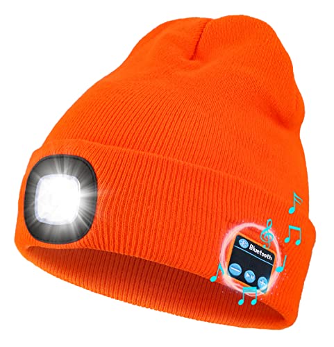 Image of Wmcaps Bluetooth Beanie with a Light, Unisex USB Rechargeable 4 LED Fashlight Hat with Cordless Headphones, Unique Christmas Birthday Gifts for Men Him Husband Teen Orange