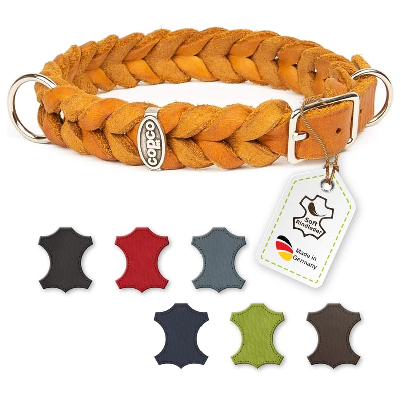 CopcoPet - Fettleder Halsband geflochten mit einem klick-Verschluß aus Metall, in Cognac 50 cm x 20 mm