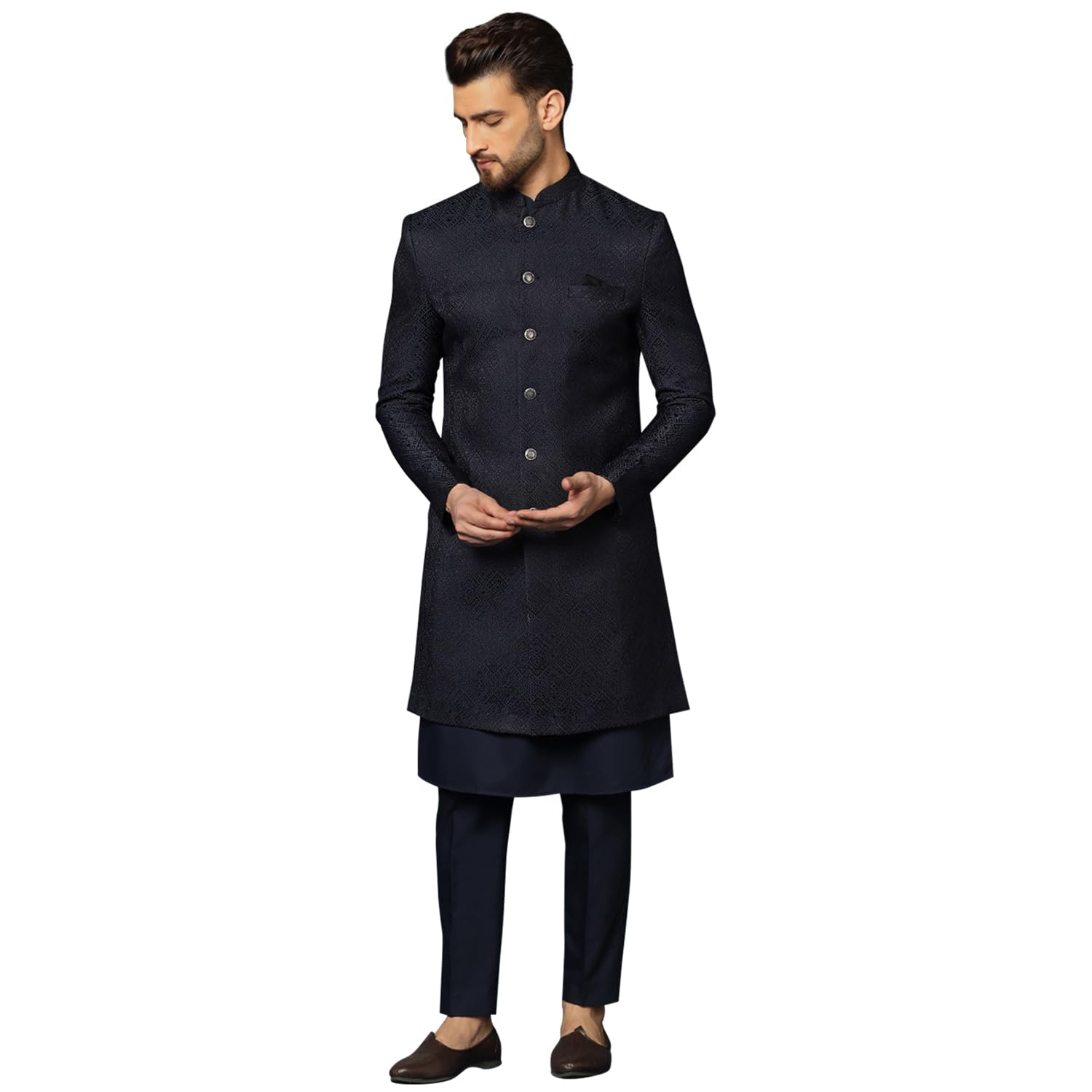 Men's Indo-Western Kurta Sherwani Trousers Set Cotton Silk Full Sleaves, Knee Length, Straight, Regular Fit, Mandarin Collar Ethnic wear-image-29