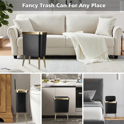Image of Bathroom Trash Can 4 Gallon, Dog Proof Trash Bin with Press Top Lid, Black Office Waste Basket with Gold Edge, Tall Narrow Garbage Cans for Kitchen, Toilet, Living Room, Bedroom