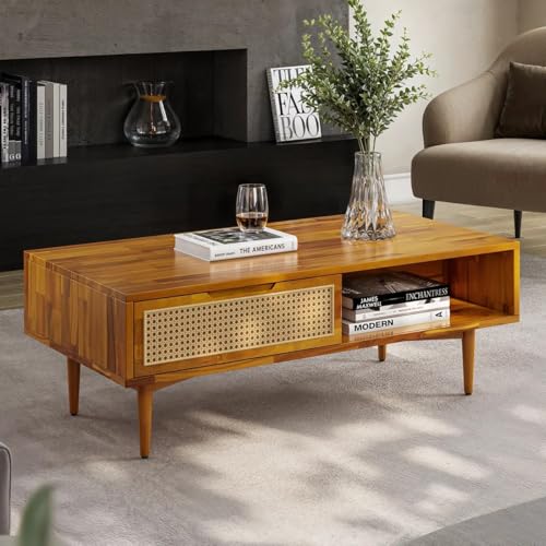 Image of MISAN Solid Sheesham Wood Coffee Table - Elegant Center Table with Two Spacious Drawers | Sturdy & Stylish Wooden Furniture for Home & Living Room (F - Hony)