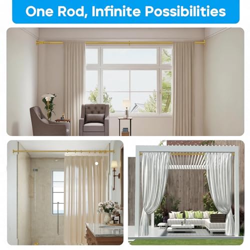 Image of Tension Curtain Rod Gold Shower Rod 40-120IN Long Curtain Rods No Drilling Adjustable Tension Rods of Shower or Bathroom Outdoor Window Patio Diameter 1.26In