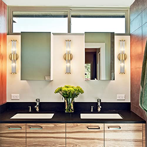 Image of Mid-Century Wall Sconces Brass Glass Rod Wall Light 2-Light Vanity Wall Lights Fixtures for Bedroom Hallway Living Room
