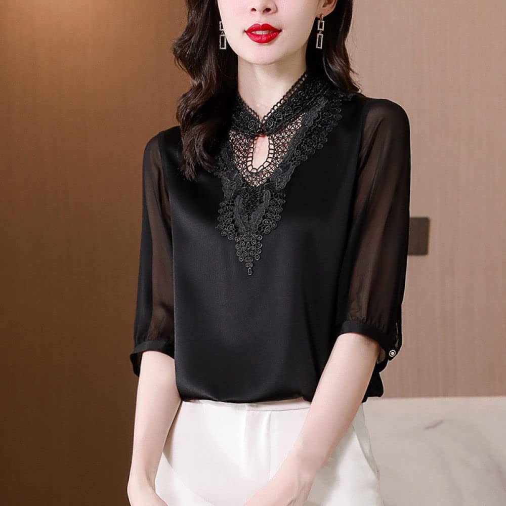 MIDJ Lockeres Damenhemd,Damen-Vintage-Stickerei, Spitze, Knopf, Krawattenhals, Satin-Bluse, Halbarm, Tunika, Chiffon, Glänzend, Party-Tops, Büro, Business-Bluse Für Mädchen, Damen