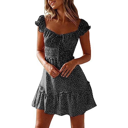 Image of Womens Summer Dresses Casual Sweetheart Neckline Puff Sleeve Floral Print Sundress High Waist Dress Wrap Waist Boho Beach Dress Mini Short Dresses Summer Dresses for Women UK Black