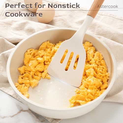 Image of Astercook Kitchen Utensils set, 39 PCS Silicone Cooking Utensils Set with Wooden Handle, 446F Heat Resistant Food Grade Utensil Sets, BPA Free Kitchen Gadgets Tools Set for Nonstick Cookware (Cream)