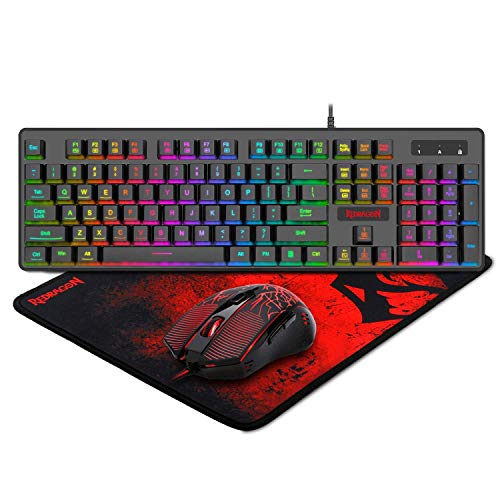 Redragon S107 Gaming Keyboard and Mouse Combo Large Mouse Pad Mechanical Feel RGB Backlit 3200 DPI Mouse for Windows PC (Keyboard Mouse Mousepad Set) (Renewed)