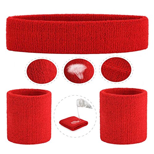 Image of ONUPGO Red Sweatband, Sports Headband Striped SweatbandsSet, Terry Cloth Wristband Athletic Exercise Basketball Wrist Sweatband and Headbands Moisture Wicking Sweat Absorbing Head Band