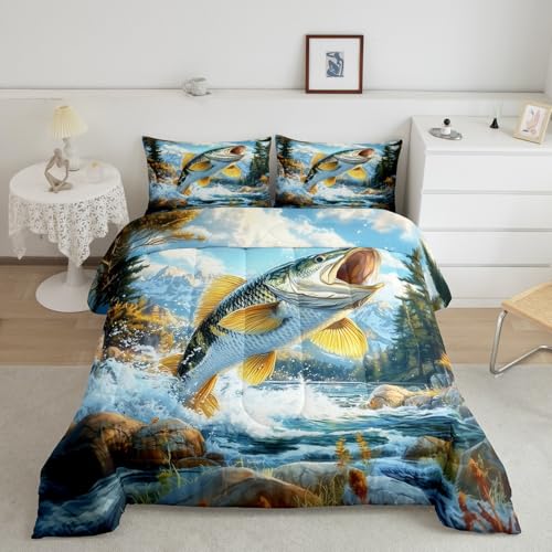 Erosebridal Pike Fish Comforter Set for Kids Boys Girls Teens Rustic Farmhouse Bedding Set King Country Woodland Animal Down Comforter Hunter Cabin Duvet Insert Camping River Adventure Decor