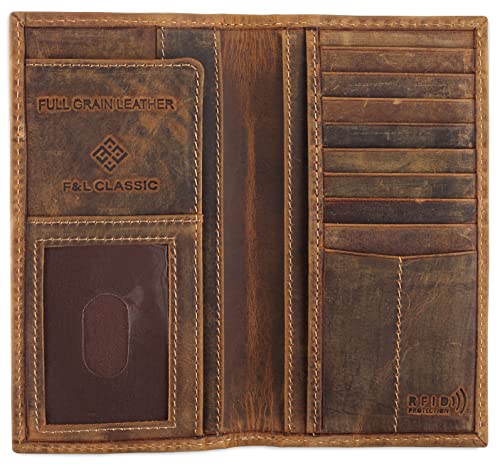 Image of F&L CLASSIC Men's RFID Vintage Look Genuine Leather Long Bifold Wallet Checkbook Wallets,buffalo wax vintage leather,240 wax brown