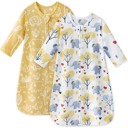 Unnivoll Baby Sleep Sack 18-24 Months Long Sleeve 1.0 Tog Micro Fleece Baby Wearable Blanket Microfleece Sleeping Sack with 2-Way Zipper for Toddler Infant Yellow & White Elephant