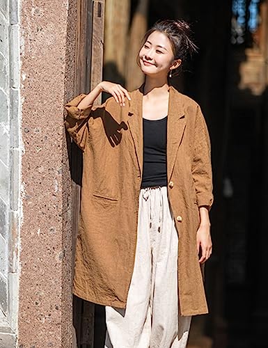 NFYM Women's Linen Long Blazers Notch Lapel Open Front Button Casual Loose Suit Coat Jackets with Pockets3
