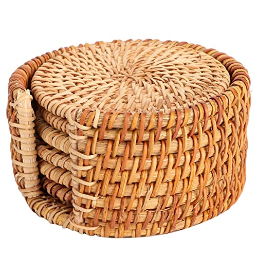 Positas de ratán Tejidas a Mano Conjunto de 6 | Auténticos manteles Individuales aislados para Bebidas Calientes y frías | No - Casadoras de Diapositivas para mesas/Comedor / (10cm)