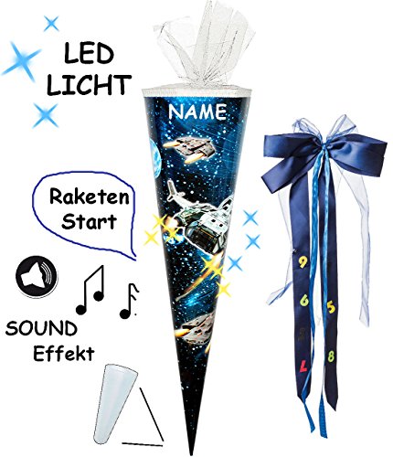 alles-meine.de GmbH Sound Modul & LED Licht Effekt ! - Schultüte -  Weltraum - Space  - 85 cm / 6 eckig - incl. Namen und große Schleife - Tüllabschluß - Zuckertüte - mit / OHN..
