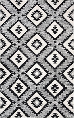 Image of Modern Pattern Wool Carpet with Loop Texture Yarn Anti Shedding Carpet Size 8x11 Feet B6 Black & Multi Color