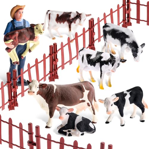 Zomiboo 17 Pcs Cow Toys Figurine Corral Fence Toys Realistic Farm Figures Barn Animals Plastic Cow Farm Figurine Gift Keepers Animal Figurines for...
