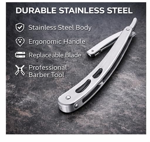 Image of (Made In Dubai) Straight Edge Stainless Steel Folding Shaving Razor knife, For Men, Ustra Razor For Men And Boys (Stainless Steel Matte Black)