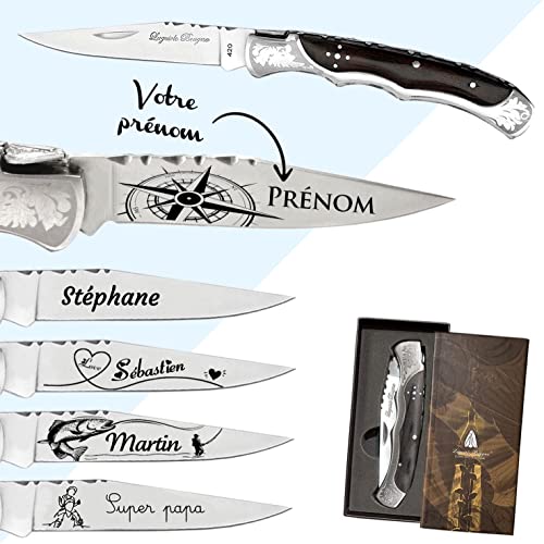 kdo-magic - Couteau laguiole personnalisé - Lame gravé avec un prénom - Couleur noir et gris - Cadeau pour homme personnalisable - Fête des pères, papa, papy, anniversaire ou noël