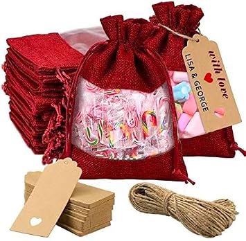 GIOIPC 50Pcs 6 x 9 Inch Linen Burlap Sheer Bags with Drawstring and Bonus Gift Tags for Wedding Birthday Bag,Craft Bags,Cosmetic Samples