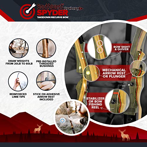Spyder Takedown Recurve Bow - Hunting & Target Bow - Fast, Accurate, Versatile - Handcrafted Riser - Fiber Glass Maple Limbs - 62" Right ...