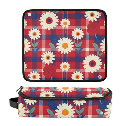 Organizador 2 en 1 para herramientas de cabello con tapete resistente al calor removible y diseño impermeable de patrón floral rojo a cuadros para planchas, alisadores y rizadores miniatura 3