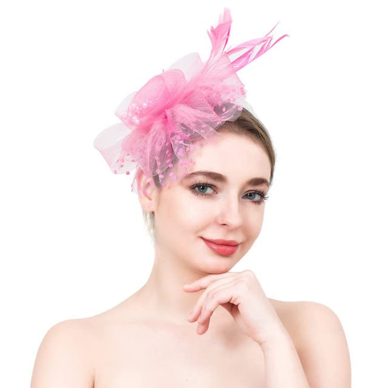 3226 Fascinators Hats Tea Party Derby Hat Cocktail Flower Veil Feathers Kentucky Derby Hat, Bridal Veil Hat, Pastel Rainbow Peony  main image 2