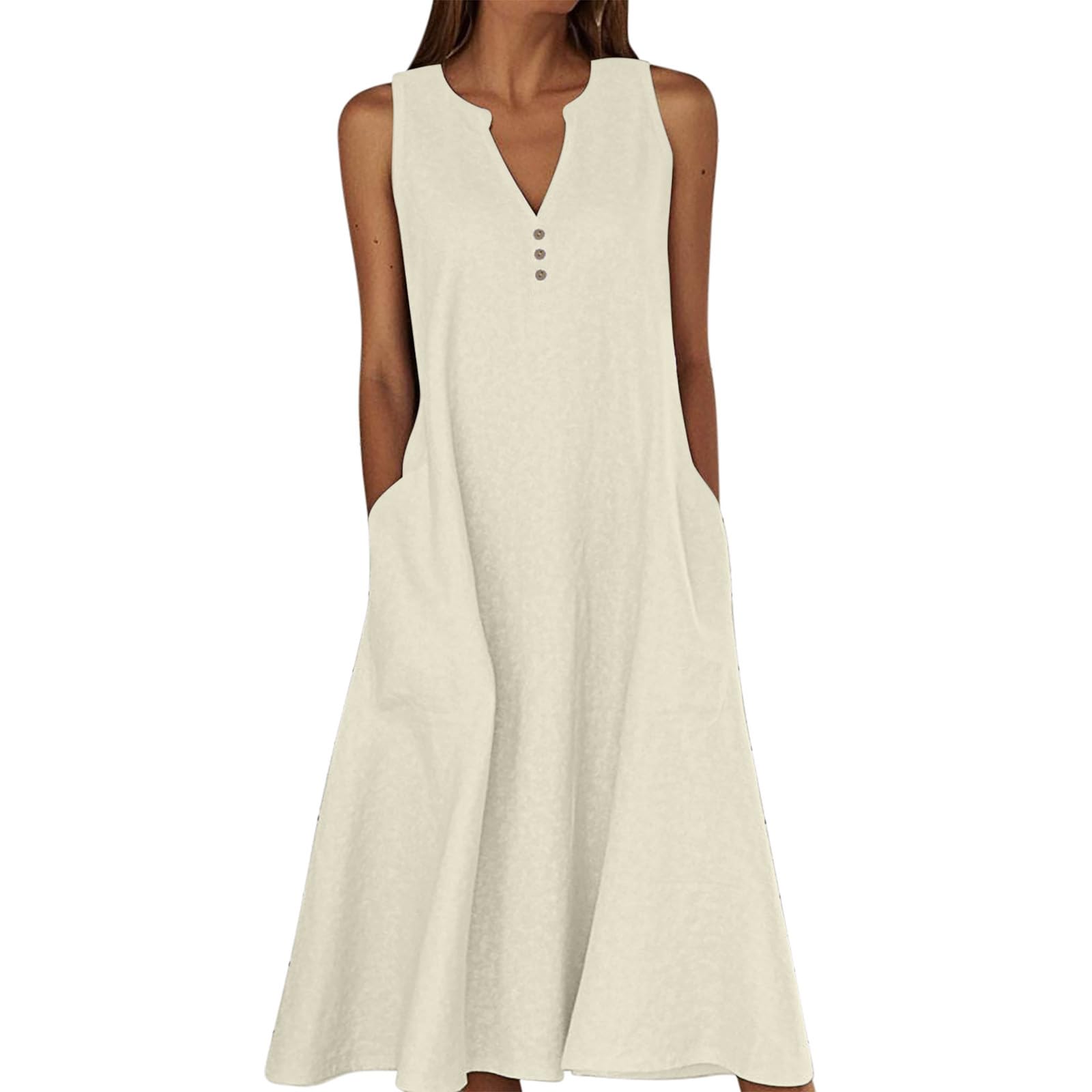 Sommerkleid Damen Lang,Ärmellose Maxikleid V-Ausschnitt Tankkleid Strandkleider Hohe Taille Lange Lockere Knielang Kleid Elastischer Taille Basic Solide Freizeitkleid T Shirt Tunikakleid mit Taschen