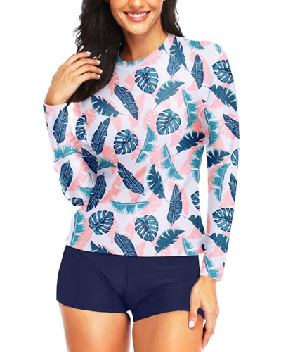 Image of Daci Women Two Piece Rash Guard Long Sleeve Swimsuits with Short UPF 50+ | UPF 50+,High Waisted Short,Long Sleeve,High Neck,Built-in Brief,Quick Dry