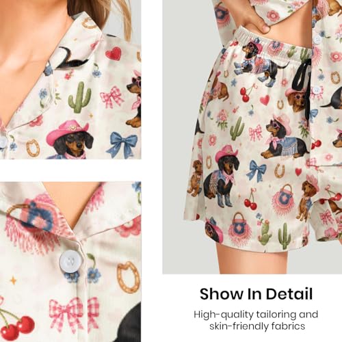 Image of Funny Pajamas for Women Set Print Satin Loungewear Pjs Short Sleeve Button Down Top and Shorts Sets Sleepwear XS-3XL
