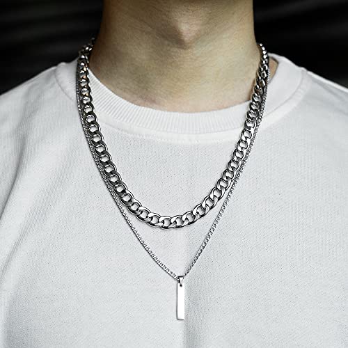 Bar Necklace For Men Silver Layered Cuban Link Chain Necklaces Fadeproof Stainless Steel Pendant Necklace Figaro Twist Rope Cuban Link Chain Necklace For Men Boys Women Jewelry Length (19-24 Inches) #TOP5