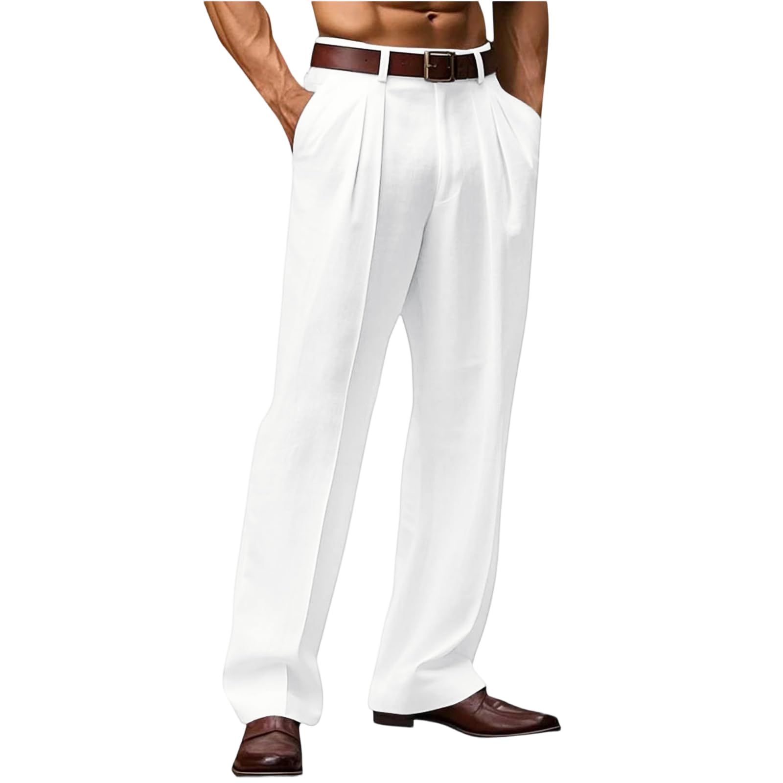 Linen Pants Men Dress Pleated High Waisted Casual Beach Pants Summer Vacation Pantalones de Vestir para Hombres