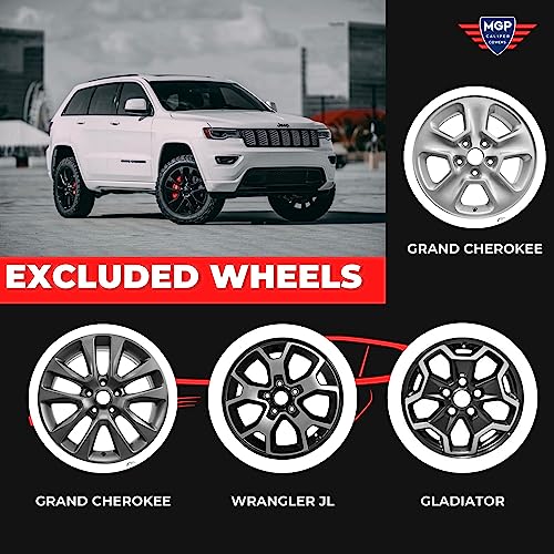 Image of MGP Caliper Covers for Jeep Grand Cherokee 2011-22 with Yellow Powder Coat Finish Engraved Silver Jeep Logo, Front and Rear Caliper Cover (Set of 4)
