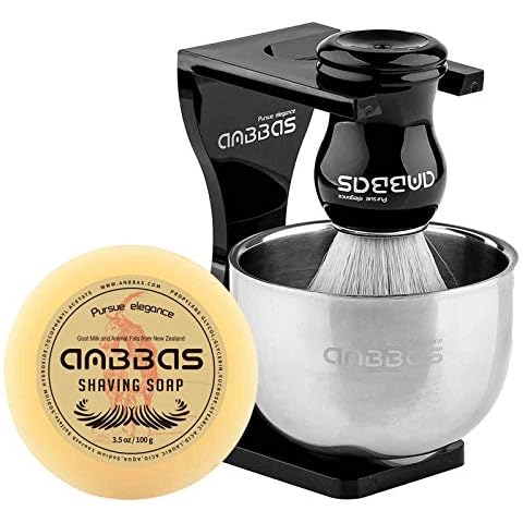 Anbbas Faux Badger Shaving Brush Set with 3.5OZ Milk Shaving Soap and Bowl Stainless Steel,Black Acrylic Shaving Stand Holer for DE Razor Men Close Shave Kit Cover