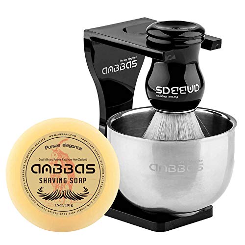 Anbbas Faux Badger Shaving Brush Set with 3.5OZ Milk Shaving Soap and Bowl Stainless Steel,Black Acrylic Shaving Stand Holer for DE Razor Men Close Shave Kit