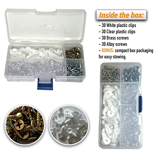Image of JSglobal Glass pane window screen clips, 60 pack Mirror hanging kit, mirror hanging hardware in compact container. 4mm Mirror clips with screws for frame fasteners, glass fasteners & mirror fasteners.