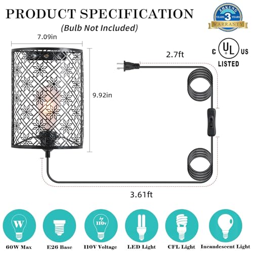 Image of Plug in Wall Sconces Set of Two, Industrial Vintage Wall Light with On /Off Switch, UL Certified Laser-Cut Metal Shade Wall Lamp for Bedroom, Living Room, Hallway, Porch Lighting