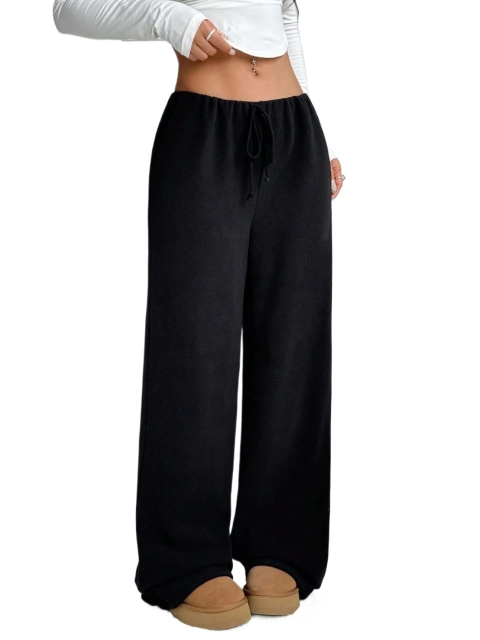Womens Fall Solid Color Waist Tie Loose Straight Leg Casual Pants Trousers